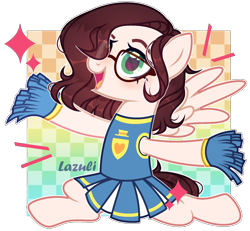 Size: 1568x1446 | Tagged: safe, artist:lazuli, derpibooru import, oc, oc only, pegasus, pony, blushing, cheerleader, clothes, commission, glasses, heart eyes, pegasus oc, pom pom, signature, simple background, skirt, solo, splits, transparent background, wingding eyes, wings, ych result