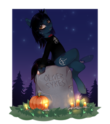Size: 2039x2300 | Tagged: safe, artist:splush23, derpibooru import, earth pony, pony, undead, zombie, zombie pony, bags under eyes, bone, bring me the horizon, candle, clothes, commission, fangs, grass, gravestone, leaning back, lip piercing, long sleeves, male, night, night sky, oliver sykes, piercing, ponified, pumpkin, scar, shirt, sitting, sky, solo, stars, stitches, tattoo, tree, ych result