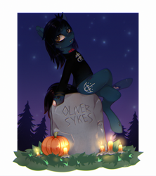 Size: 2039x2300 | Tagged: safe, alternate version, artist:splush23, derpibooru import, earth pony, pony, undead, zombie, zombie pony, bags under eyes, bone, bring me the horizon, candle, clothes, commission, fangs, grass, gravestone, leaning back, lip piercing, long sleeves, male, night, night sky, oliver sykes, piercing, ponified, pumpkin, scar, shirt, sitting, sky, solo, stars, stitches, tattoo, tree, ych result