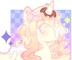 Size: 1308x1094 | Tagged: safe, artist:lazuli, derpibooru import, oc, oc only, pony, unicorn, bust, commission, donut, ear fluff, eyes closed, food, grin, horn, horn impalement, signature, simple background, smiling, solo, transparent background, unicorn oc, ych result