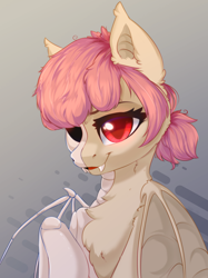 Size: 2048x2732 | Tagged: safe, artist:alphadesu, derpibooru import, oc, oc only, oc:hopple scotch, bat pony, pony, adoracreepy, bat ponified, bat wings, bone, bust, chest fluff, commission, creepy, cute, dissectibles, ear fluff, empty eye socket, fangs, female, freeny's hidden dissectibles, looking at you, mare, pigtails, race swap, raised hoof, red eyes, simple background, skeleton, smiling, toy interpretation, vampire bat pony, wings, ych result