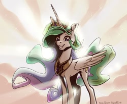 Size: 994x821 | Tagged: safe, artist:dawnfire, artist:nadnerbd, color edit, edit, princess celestia, alicorn, pony, cloud, colored, crepuscular rays, crown, ethereal mane, female, horn, jewelry, looking at you, mare, peytral, regalia, smiling, solo, sparkles, wings