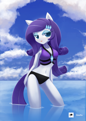 Size: 1000x1407 | Tagged: safe, artist:howxu, derpibooru import, rarity, anthro, adorasexy, belly button, bikini, breasts, cleavage, clothes, cloud, cute, female, lipstick, looking at you, patreon, patreon logo, raribetes, raritits, sexy, sky, solo, swimsuit, water
