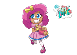 Size: 2039x1447 | Tagged: safe, artist:theladysknight, derpibooru import, pinkie pie, human, my little pony: pony life, alternate hairstyle, belt, bow, bowl, bowtie, bracelet, clothes, dough, dress, ear piercing, earring, eyeshadow, female, grin, hair bow, humanized, jewelry, lipstick, makeup, mary janes, piercing, shoes, simple background, skirt, smiling, socks, solo, spoon, stockings, thigh highs, transparent background, wooden spoon