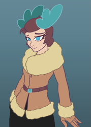 Size: 1869x2616 | Tagged: safe, artist:sneetymist, derpibooru import, velvet reindeer, human, them's fightin' herds, clothes, female, fur coat, horn, horned humanization, humanized, jacket, looking at you, parka, simple background, solo, winter coat, winter outfit