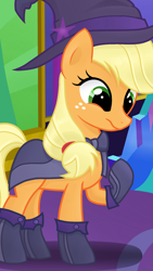 Size: 1080x1920 | Tagged: safe, artist:sallyso, derpibooru import, applejack, earth pony, pony, boots, cape, clothes, female, freckles, gloves, hat, mare, raised hoof, shoes, solo, twilight's castle, witch, witch costume, witch hat