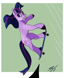 Size: 2000x2160 | Tagged: safe, artist:tenebrisnoctus, derpibooru import, twilight sparkle, unicorn twilight, pony, unicorn, female, green background, grin, mare, radical, signature, simple background, skateboard, skateboarding, smiling, solo