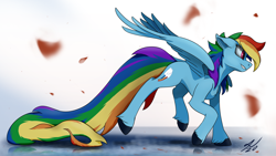 Size: 3840x2160 | Tagged: safe, artist:tenebrisnoctus, derpibooru import, rainbow dash, pegasus, pony, female, long tail, mare, petals, puddle, reflection, signature, simple background, smiling, solo, spread wings, wings