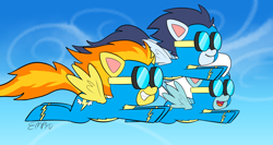 Size: 1000x533 | Tagged: safe, artist:empyu, derpibooru import, fleetfoot, soarin', spitfire, pegasus, my little pony: pony life, 45 minute art challenge, clothes, cloud, flying, g4 to g4.5, goggles, open mouth, sky, trio, uniform, wonderbolts