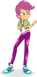 Size: 2033x4195 | Tagged: safe, artist:punzil504, derpibooru import, scootaloo, equestria girls, alternate hairstyle, clothes, converse, earbuds, female, jacket, leggings, older, older scootaloo, shirt, shoes, simple background, sneakers, solo, sweatband, t-shirt, transparent background