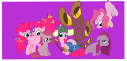 Size: 5217x2500 | Tagged: safe, artist:squipycheetah, derpibooru import, part of a set, pinkie pie, earth pony, pony, the last problem, yakity-sax, annoyed, cute, duality, female, filly, grumpy, happy, helmet, honorary yak horns, horned helmet, looking back, looking down, looking up, mare, multeity, older, older pinkie pie, pinkamena diane pie, pinkie being pinkie, purple background, raised hoof, self paradox, self ponidox, simple background, sitting, smiling, time paradox, too much pink energy is dangerous, viking helmet, yovidaphone