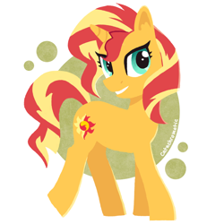 Size: 1200x1200 | Tagged: safe, artist:catachromatic, derpibooru exclusive, derpibooru import, sunset shimmer, pony, unicorn, abstract background, colored, cute, female, flat colors, happy, mare, shimmerbetes, smiling, solo