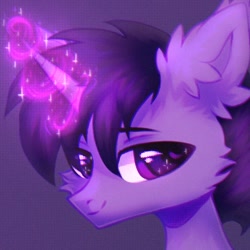 Size: 592x592 | Tagged: safe, artist:astralblues19, derpibooru import, oc, oc only, oc:tyrian shade, pony, unicorn, ear fluff, fluffy, looking at you, magic, magic aura, male, purple eyes, solo, sparkles