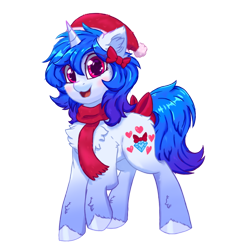 Size: 1200x1200 | Tagged: safe, artist:gempainter32, derpibooru import, oc, oc only, oc:diamond nella, pony, unicorn, 2021 community collab, blue mane, bow, cheek fluff, chest fluff, christmas, clothes, cute, cutie mark, derpibooru community collaboration, diamond, ear fluff, eye clipping through hair, female, gradient hooves, gradient mane, hat, heart, holiday, hoof fluff, ibispaint x, looking at you, magenta eyes, mare, open mouth, raised hoof, santa hat, scarf, simple background, solo, transparent background