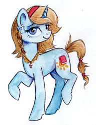 Size: 979x1281 | Tagged: safe, artist:lailyren, derpibooru import, oc, oc only, oc:midday shine, pony, unicorn, blue eyes, braid, ear fluff, female, gentle smile, gift art, headband, jewelry, lidded eyes, looking at you, mare, necklace, raised hoof, simple background, smiling, solo, stray strand, tail band, traditional art, watercolor painting, white background