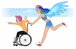 Size: 2048x1317 | Tagged: safe, artist:naughtysyrup, artist:watchoutoprah, derpibooru import, rainbow dash, scootaloo, human, alternate hairstyle, clothes, commission, converse, cute, cutealoo, dashabetes, disabled, female, grin, handicapped, hoodie, humanized, jeans, open mouth, pants, pointing, running, shoes, shorts, smiling, socks, sports bra, sports shorts, wheelchair, winged humanization, wings