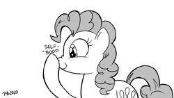 Size: 1200x675 | Tagged: safe, artist:pony-berserker, derpibooru import, pinkie pie, earth pony, pony, pony-berserker's twitter sketches, boop, monochrome, self-boop, smiling, stippling, unsound effect