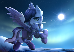 Size: 4000x2821 | Tagged: safe, artist:dipfanken, derpibooru import, oc, oc:aury, pegasus, pony, absurd resolution, armor, clothes, crepuscular rays, flying, mouth hold, snow, solo, sun