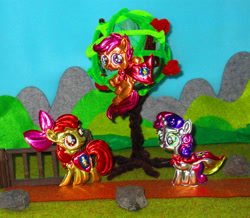 Size: 3296x2872 | Tagged: safe, alternate version, artist:malte279, derpibooru import, apple bloom, scootaloo, sweetie belle, earth pony, pony, unicorn, cape, clothes, craft, cutie mark crusaders, embossing, female, filly, irl, metal foil, photo, relief, two toned mane, two toned tail