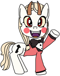 Size: 538x682 | Tagged: safe, artist:logan jones, derpibooru import, demon, demon pony, original species, pony, bowtie, charlie magne, clothes, devil horns, hazbin hotel, horns, ponified, simple background, transparent background, tuxedo