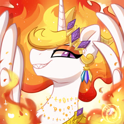 Size: 1000x1000 | Tagged: safe, artist:colorfulcolor233, derpibooru import, nightmare star, bust, chest fluff, crown, ear fluff, ear piercing, earring, fangs, fire, jewelry, looking at you, mane of fire, piercing, portrait, profile, regalia, slit eyes, smiling, solo, spread wings, wings