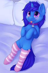 Size: 2000x3000 | Tagged: safe, artist:dbleki, derpibooru import, oc, oc:delly, pony, unicorn, :p, blushing, clothes, collar, female, filly, lying down, on back, pet tag, socks, stockings, striped socks, thigh highs, tongue out