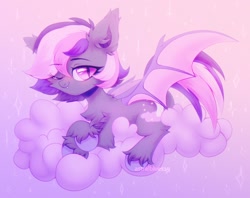 Size: 1900x1502 | Tagged: safe, artist:astralblues19, derpibooru import, oc, oc only, oc:midnight mist, bat pony, pony, bat pony oc, bat wings, chest fluff, cloud, ear fluff, fangs, fluffy, hoof fluff, leg fluff, looking at you, lying down, one eye closed, pink eyes, solo, wings, wink, winking at you