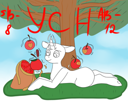 Size: 3000x2384 | Tagged: safe, artist:lowname, derpibooru import, oc, oc only, pony, unicorn, apple, bag, commission, food, glowing horn, horn, lying down, magic, prone, solo, telekinesis, tree, unicorn oc, your character here