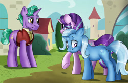 Size: 1911x1240 | Tagged: safe, artist:ali-selle, derpibooru import, firelight, starlight glimmer, trixie, pony, unicorn, clothes, commission, family, father and child, father and daughter, female, girlfriend, illustration, lesbian, male, mare, parent and child, shipping, stallion, startrix