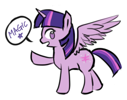 Size: 330x260 | Tagged: safe, artist:ujey02, derpibooru import, twilight sparkle, twilight sparkle (alicorn), alicorn, pony, dialogue, female, magic, mare, no pupils, open mouth, profile, simple background, solo, speech bubble, spread wings, white background, wings