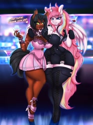 Size: 3059x4096 | Tagged: safe, artist:tatemil, derpibooru import, oc, oc only, oc:lux, oc:nekonin, anthro, unguligrade anthro, bar, clothes, dress, femboy, glass, male, phantasy star, thick, wine glass