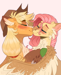 Size: 1116x1384 | Tagged: safe, artist:wanderingpegasus, derpibooru import, applejack, fluttershy, earth pony, pegasus, pony, alternate hairstyle, applejack's hat, appleshy, blushing, cheek fluff, chest fluff, coat markings, cowboy hat, cute, ear fluff, eyes closed, female, freckles, hat, hug, jackabetes, kissing, lesbian, mare, orange background, redesign, shipping, shyabetes, simple background, unshorn fetlocks, winghug