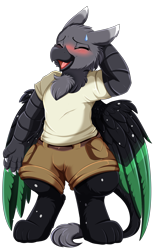 Size: 2550x4009 | Tagged: safe, artist:pridark, oc, oc only, anthro, griffon, absurd resolution, blushing, clothes, colored wings, commission, cute, embarrassed, eyes closed, griffon oc, high res, male, multicolored wings, ocbetes, open mouth, shorts, simple background, solo, transparent background, wings