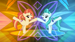 Size: 7680x4320 | Tagged: safe, artist:cheezedoodle96, artist:laszlvfx, lighthoof, shimmy shake, earth pony, pony, 2 4 6 greaaat, abstract background, active stretch, cute, duo, duo female, female, looking at you, mare, missing accessory, open mouth, raised leg, smiling, stretching, vector, wallpaper, wallpaper edit