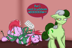 Size: 2273x1536 | Tagged: safe, artist:frist44, oc, oc only, oc:holly daze, oc:mistletoe daze, earth pony, pony, :o, :t, annoyed, bondage, christmas, christmas lights, dialogue, duo, duo female, female, floppy ears, gift wrapped, holiday, mare, one eye closed, open mouth, plug, ribbon, siblings, sisters, speech bubble, tied up, unamused