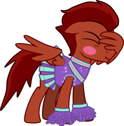 Size: 3550x3615 | Tagged: safe, artist:feathertrap, oc, oc:ace, pegasus, pony, 1000 hours in gimp, blushing, cheerleader, cheerleader outfit, crossdressing, embarrassed, facewing, male, pom pom, simple background, solo, stallion, transparent background, vector
