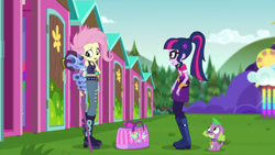 Size: 1920x1080 | Tagged: safe, derpibooru import, screencap, fluttershy, sci-twi, spike, spike the regular dog, twilight sparkle, dog, equestria girls, equestria girls series, the road less scheduled, spoiler:eqg series (season 2), alternate hairstyle, boots, clothes, crystal skull staff, eyeshadow, flutterpunk, lipstick, makeup, pants, ripped pants, shoes, sleeveless, staff, tanktop, torn clothes