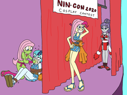 Size: 1510x1130 | Tagged: safe, artist:bugssonicx, derpibooru import, fluttershy, maud pie, pinkie pie, sonata dusk, equestria girls, bondage, brightly colored ninjas, chloroform, clothes, cosplay, costume, crossed arms, curtains, disguise, grin, kimono (clothing), kunoichi, mai shiranui, nami, ninja, one piece, rope, sandals, smiling, stage, tied up, wig