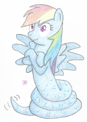 Size: 2000x2822 | Tagged: safe, artist:goldenflow, derpibooru import, rainbow dash, lamia, original species, pegasus, snake, coils, colored pencil drawing, crossed arms, cute, dashabetes, female, lamiafied, nose wrinkle, scales, scrunchy face, simple background, snake tail, solo, species swap, spread wings, tail wag, traditional art, white background, wings