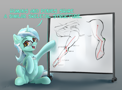 Size: 3484x2560 | Tagged: safe, artist:xbi, derpibooru import, lyra heartstrings, pony, unicorn, anatomy, anthropology-with-lyra, bad anatomy, comic, cute, dialogue, female, glasses, gradient background, leg, looking at you, lyrabetes, mare, silly, silly lyra, sitting, solo, talking, talking to viewer, whiteboard