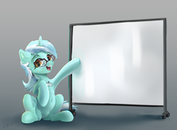 Size: 3484x2560 | Tagged: safe, alternate version, artist:xbi, derpibooru import, lyra heartstrings, pony, unicorn, female, glasses, gradient background, looking at you, mare, sitting, solo, talking, textless version, whiteboard