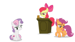 Size: 1191x670 | Tagged: dead source, safe, artist:chebut, derpibooru import, apple bloom, scootaloo, sweetie belle, earth pony, pegasus, unicorn, on your marks, cutie mark crusaders, disappointed, female, filly, lidded eyes, looking down, podium, simple background, transparent background, two toned mane, two toned tail, vector