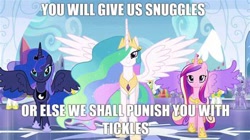 Size: 474x266 | Tagged: safe, derpibooru import, princess cadance, princess celestia, princess luna, alicorn, pony, bronybait, caption, imma snuggle you, looking at you, meme, smiling, spread wings, text, this will end in snuggles, this will end in tickles, wings