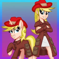 Size: 894x894 | Tagged: safe, artist:whitequartztheartist, derpibooru import, oc, oc:fruit draw, pony, unicorn, equestria girls, blue eyes, clothes, cowboy hat, cowgirl, crossed arms, hat, horn, human ponidox, self ponidox, skirt, stetson, unicorn oc, yellow hair