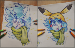 Size: 3045x1970 | Tagged: safe, artist:canadianpancake1, derpibooru import, oc, oc:alicja, pikachu, pony, :p, beanie, bust, clothes, cute, glasses, hat, ocbetes, pencil, pokémon, scarf, solo, tongue out, traditional art