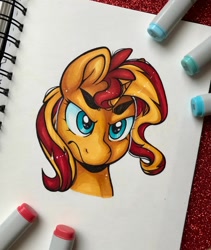 Size: 1280x1517 | Tagged: safe, artist:canadianpancake1, derpibooru import, sunset shimmer, unicorn, angry, bust, solo, traditional art