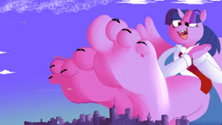 Size: 1280x723 | Tagged: safe, artist:steeromunch, derpibooru import, twilight sparkle, twilight sparkle (alicorn), alicorn, anthro, plantigrade anthro, 4 toes, aircraft, barefoot, big feet, city, cityscape, clasped hands, cloud, commission, delighted, feet, female, fetish, foot fetish, giant anthro, giantess, looking down, macro, nail polish, necktie, simple background, smiling, spread wings, toenail polish, toenails, toes, wings