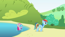 Size: 1920x1090 | Tagged: safe, derpibooru import, screencap, pinkie pie, rainbow dash, earth pony, pegasus, pony, griffon the brush off, duo, goggles, snorkel, wet, wet mane