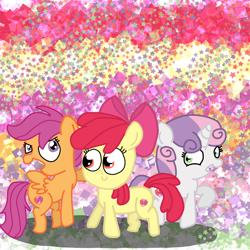 Size: 1080x1080 | Tagged: safe, artist:crossovercartoons, derpibooru import, apple bloom, scootaloo, sweetie belle, earth pony, pegasus, pony, unicorn, abstract background, artwork, cute, cutie mark crusaders, digital, digital art, drawing, female, filly, glitter, happy, shadow, smiling, stars, two toned mane, two toned tail