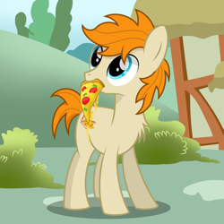 Size: 2500x2500 | Tagged: safe, artist:pizzamovies, derpibooru import, oc, oc only, oc:pizzamovies, earth pony, pony, cheese, food, looking at something, male, meat, pepperoni, pepperoni pizza, pizza, ponies eating meat, smiling, solo, stallion